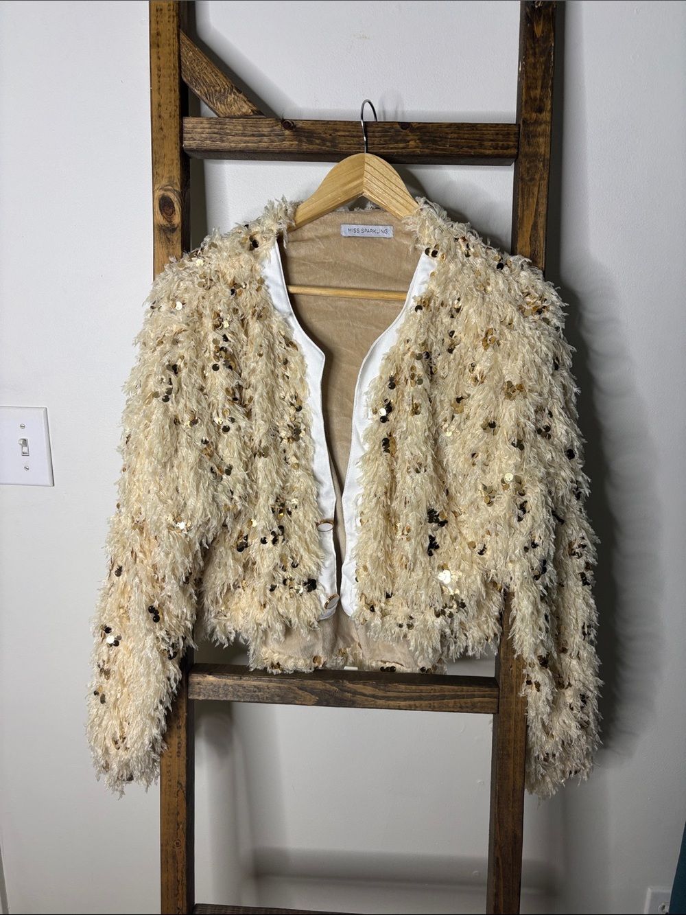 Miss Sparkling Sequin-Embellished Cream Teddy Jacket Size XL